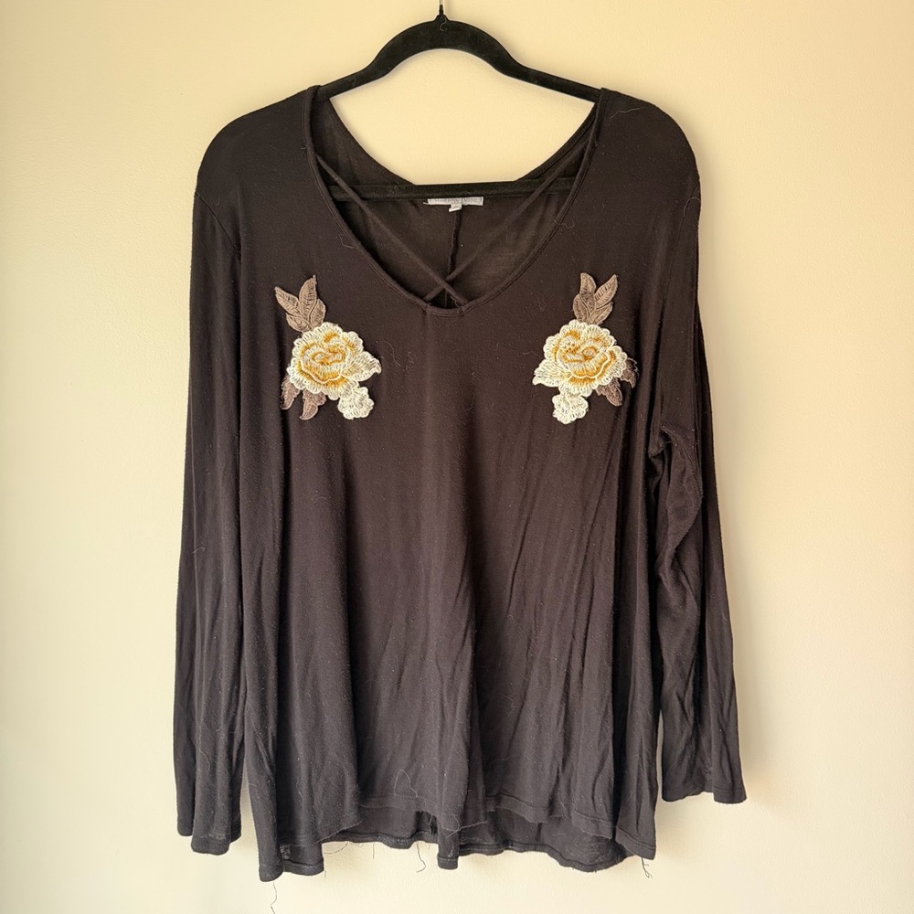 Charlotte Russe Dark Brown Long Sleeve Top with Floral Embroidery